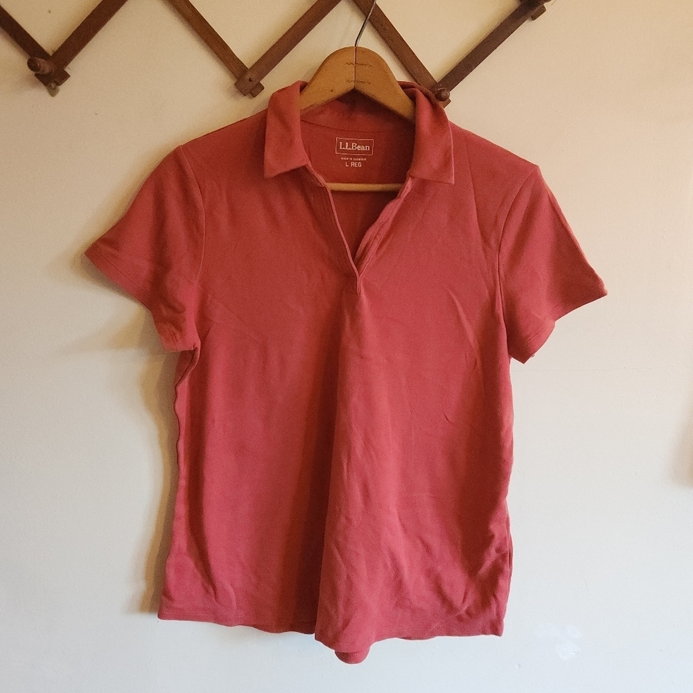 L.L. Bean Popover Short Sleeve Polo Shirt Salmon Pink Large